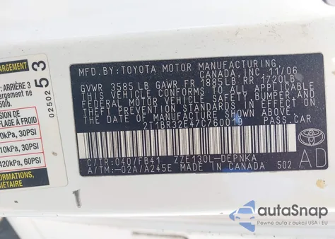 2007 Toyota Corolla Le z USA, uszkodzony, nr VIN 2T1BR32E47C760019